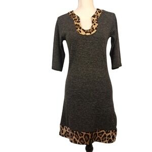 OB2-12 S Charcoal Gray Knit Dress Leopard Trim 3/4‎ Sleeve Knee Length Fitted
